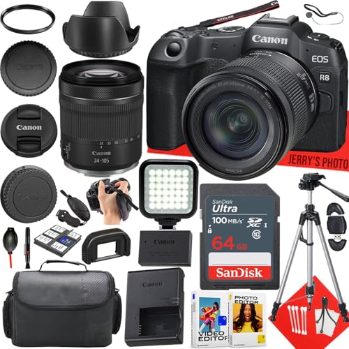 Canon EOS R8 Mirrorless Camera with Canon RF 24-105mm f/4-7.1 is STM Lens + 64 GB Memory + LED Light + Camera Case + Hood + Tripod + More (24pc Bundle) (Renewed)