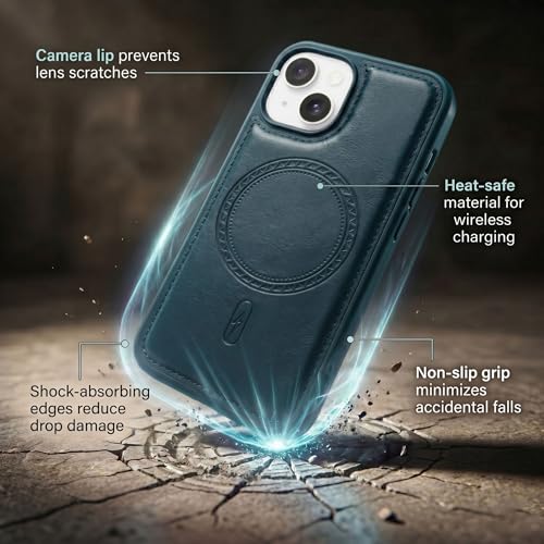 Image of amazon basics Premium PU Leather Case for iPhone 14, MagSafe Compatible Magnetic Ring, Sleek Protective Back Cover - [Blue]