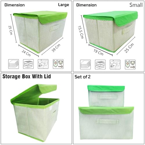 Image of STORE MORE Non Woven Big and Small Storage Box Wardrobe Closet Organizer Foldable Stackable Rectangular Basket /Bins with Lid & Handle (Green, Set of 2)