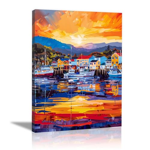 Impression sur toile intissée port au coucher du soleil 60x80cm encadrée