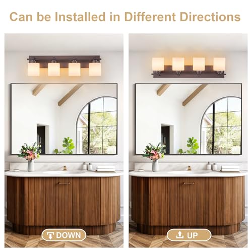 BrkNit Modern Bathroom Light Fixtures Over Mirror, Vanity Lights for Bathroom Wall Sconces with Milky White Glass Shades, E26 Socket (Bulbs Not Included), 4 Light, Oil Rubbed Bronze by BrkNit - Used condition - Image 4