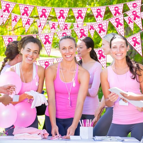 Image of 100 FT Breast Cancer Awareness Decorations, 3 Pack Pre-assemble Pink Ribbon Pennant Banner Flags, 60 PCS Plastic Pennants Flags Indoor Outdoor Party Supplies Home Office Ceiling Wall Hanging Decor