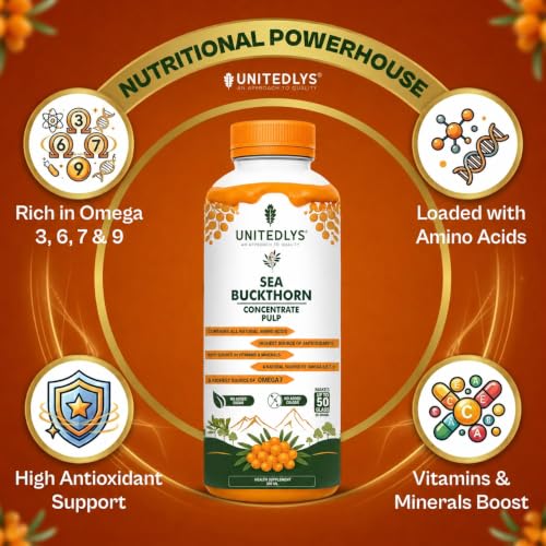 Image of 100% Pure & Sugar Free Himalayan Sea Buckthorn Juice 300ml | Rich in Vitamin C, Plant Based Vegan Omega 3 6 7 9 & Antioxidants | Original Sea Buckthorn Berry Pulp Supports Immunity, Skin Glow & Gut Health | Up to 50 Glass Juice