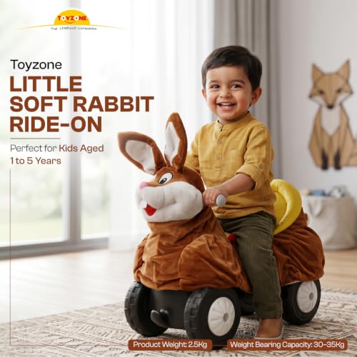 Image of Toyzone Little Soft Rabbit Ride on | Cloth-Covered Ride On Toy with Wheels | Back Support | Indoor & Outdoor Ride-On for Toddlers 1-4 Years