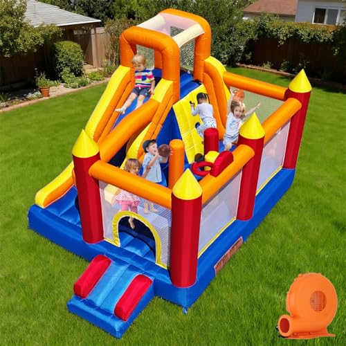 Baralir Inflatable Bounce House with 12.37x8.26Ft Oversized Jump Area, 88'' Extra-Long Slide Kids Bounce House with Climbing Wall, Obstacle Poles & Hoop- Durable & Safe Backyard Fun for Kids