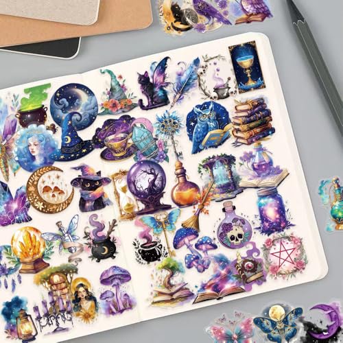 Image of 50-Piece Mystical Witchy Fantasy Aesthetic Sticker - Magical Witchcraft Stickers with Crystals, Moons, Witches, Owls, Potions, Cauldrons, Mushrooms for Scrapbooking, Journals, Laptops, Gifts