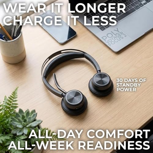 Image of Plantronics Poly Voyager Focus 2 MS Wireless Headphones with Headset Stand, Compatible for Teams, Phones Calls, Zoom, Noise Cancelling Wireless Headset with Mic for Work, Over The Ear, GTW Microfiber