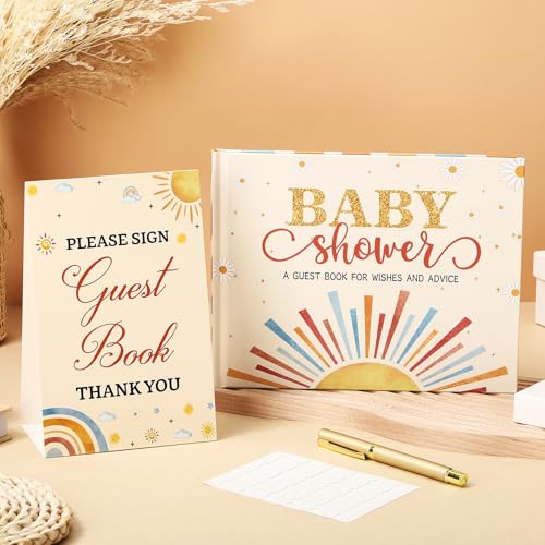 Image of Fuyoooo 27 Pcs Boho Sun Baby Shower Guest Book Baby Shower Sign in Guest Book Reception with Sonogram Page Keepsake Includes Gold Pen Table Card and Adhesive Photo Corner for Birthday