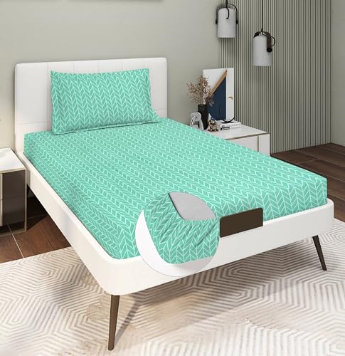 Image of RD TREND Presents Luxurious Glace Cotton Super Soft 210 TC 360 Elastic Fitted Bedsheets Single Bed Size (72 x 48 x 8 Inch) with 1 Pillow Cover Size (28 x18), Color- Green, Solid
