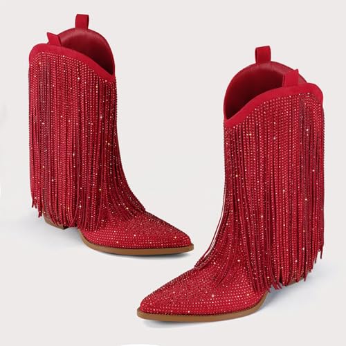 Image of Cowboy Boots for Women - Cowgirl Western Rhinestone Sparkly Fringe Chunky Heel Pointed Toe Mid Calf Boots