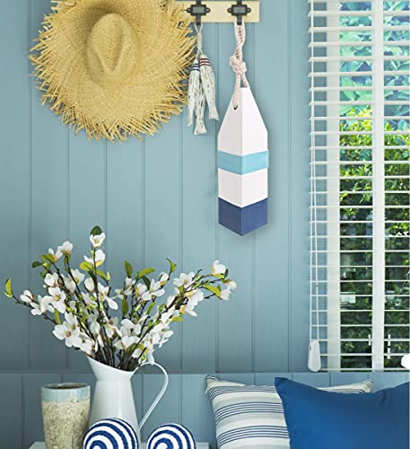 Bouée décorative artisanale en bois bleu avec corde de suspension