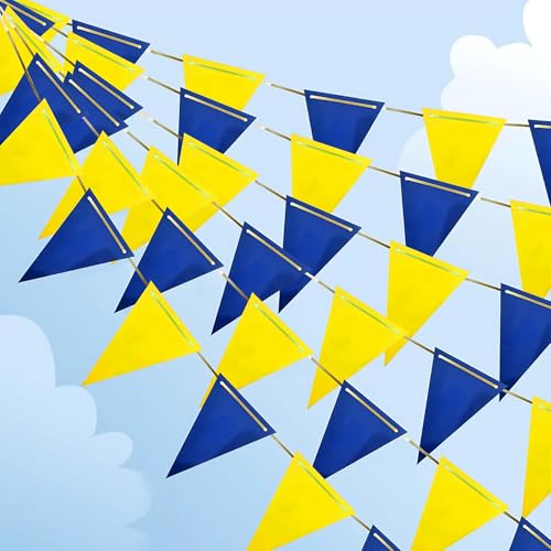 Image of Blue and Yellow Pennant Banner 3 Pack Paper Triangle Flag Hanging for Wedding Birthday Gender Reveal Baby Shower Halloween Family Party Decoration（36pcs Triangle Flag）