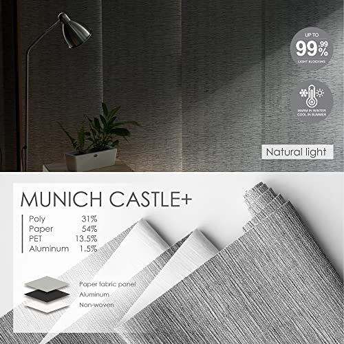 Godear Design Deluxe 99.99% Blackout Adjustable Sliding Panel Track Blind 45.8"- 86" W X 96" H, Extendable 4-Rail Track Vertical Blind For Bedroom, Metallic Luster Trimmable Fabric, Munich Castle + #TOP2