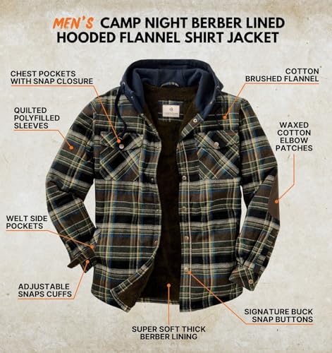 Legendary Whitetails Men's Camp Night Berber Lined Hooded Flannel Shirt Jacket, Union Plaid, Medium