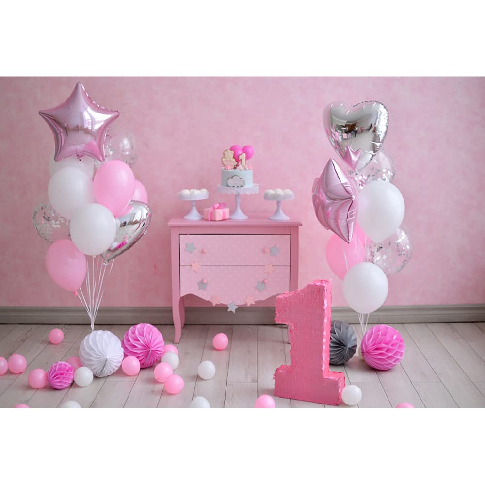 Aoihrraan 3,5x2,5m Kinder 1. Geburtstag Hintergrund Kuchen Tisch Luftballons Papier Blume Rosa Wand Geburtstag Zimmer Dekor Fotografie Hintergrund für Mädchen Prinzessin Party Baby Dusche Foto Prop