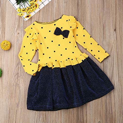 0-4 Anos Bebê Menina Outono Inverno Vestido de Manga Longa Polka Dot Amarelo & Shiny Saia Costura Ve