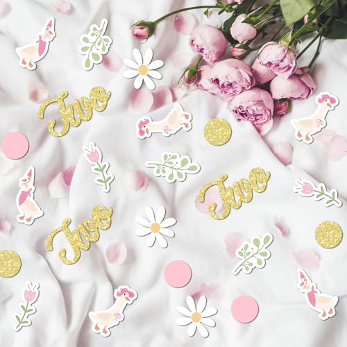 Image of 220PCS Two Silly Goose Birthday Decorations for Girl, Goose Dot Leaves Flower 2nd Birthday Confetti for Pink and Gold 2 Year Old Bday Decor