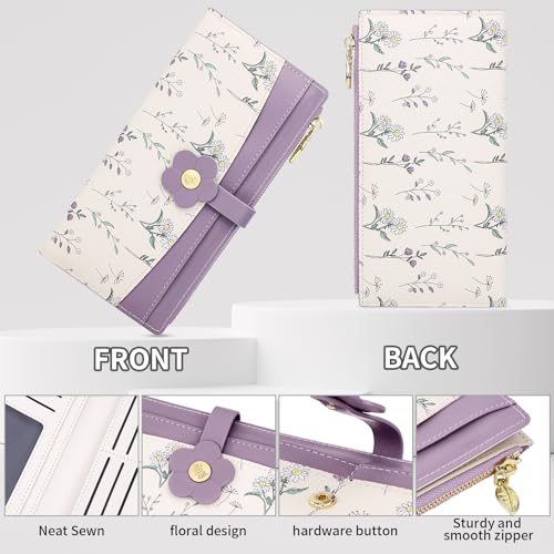 Image of Farcauo Long Floral Womens Wallet Cute Wallets for Women Purple Women's Wallet Kawaii Flower Card Wallets for Women Ladies