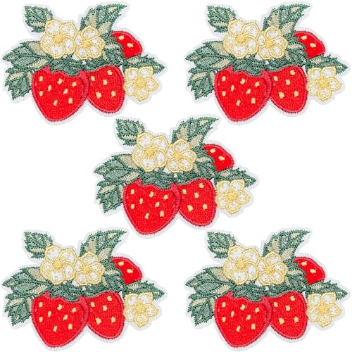 5 Pieces Strawberry Embroidered Iron On Patches Cute Fruit Blossom Sew On Patch for Clothes Dress Jackets Caps DIY Strawberry Embroidery Patches Sewing Craft Decoration