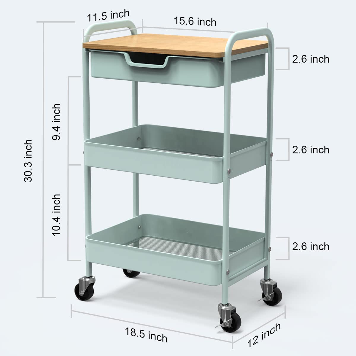 Shrivee Carrello da cucina a 3 livelli con tavolo e cassetto, carrello multiuso in metallo, carrello per salone d'ufficio, cosmetici, carrello da portata per cucina, bagno, ufficio (verde chiaro)