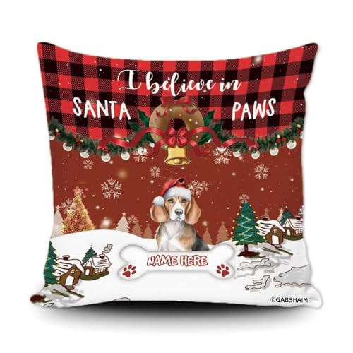 GABSHAIM Custom Beagle Dog Christmas Throw Pillow Cover I Believe in Santa Paws Watercolor Dog Print Red Buffalo Plaid Xmas Sofa Home Decor Pillowcase Canvas 20x20 Inch