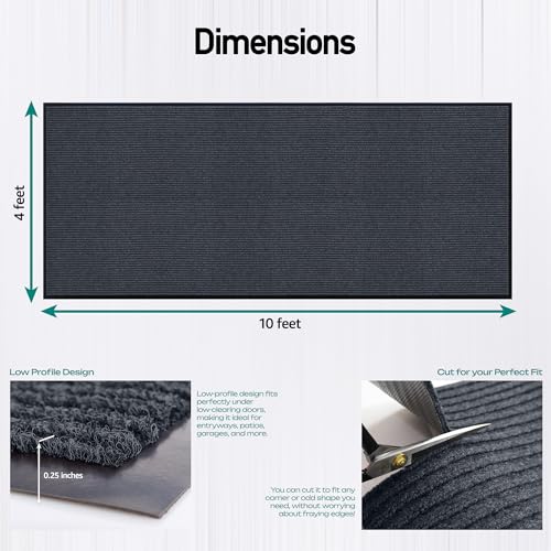 Image of Durable Rubber Door Mat - Heavy Duty, Indoor /Outdoor, Easy Clean, Waterproof, Low-Profile Mat for Entry, Patio, Garage - Stylish (Charcoal, 10' x 4' (Mud Trapper))