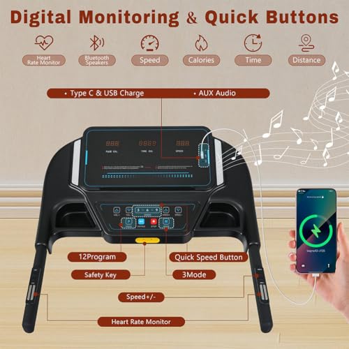 Image of Foldable Treadmills with Incline, 3.5HP Hydraulic System Auto,10MPH 350Lbs Weight Capacity Electric Treadmills with Heart Rate Sensors,Type C & USB Charge Bluetooth Speaker