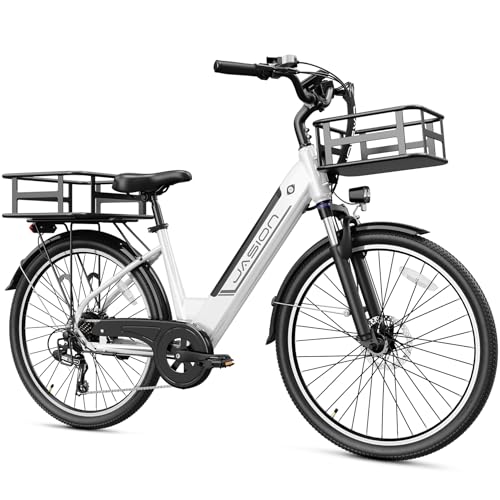 Jasion Roamer ST Electric Bike for Adults, 1200W Peak Motor Max 28MPH City Cruiser Ebike,26'' Commuter Ebike, 528WH Removable Battery,7-Speed, Front Suspension Bicycles with Front & Rear Basket