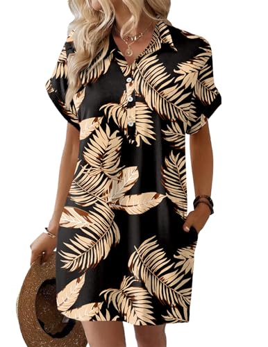 Image of HOTOUCH Womens Summer Shirt Dress 2026 Short Sleeve Floral Shift Dress Casual Loose Flowy Beach Sundress with Pockets