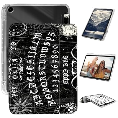 Case for iPad 9th/8th/7th Gen 10.2 Inch 2021/2020/2019, Built in Pencil Holder, Slim Trifold Stand Auto Wake/Sleep Cover, Clear Back Cover + Durable PU Leather Anti-Drop Case, Black Ouija Board