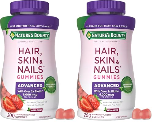 Nature's Bounty Optimal Solutions Advanced Hair, Skin and Nails Pectin Gummies, 2X Biotin Per Serving, No Stick Gummy, Vegetarian Formula, Strawberry Flavor, 200 ct, 100 Servings, (Pack of 2) - image 1