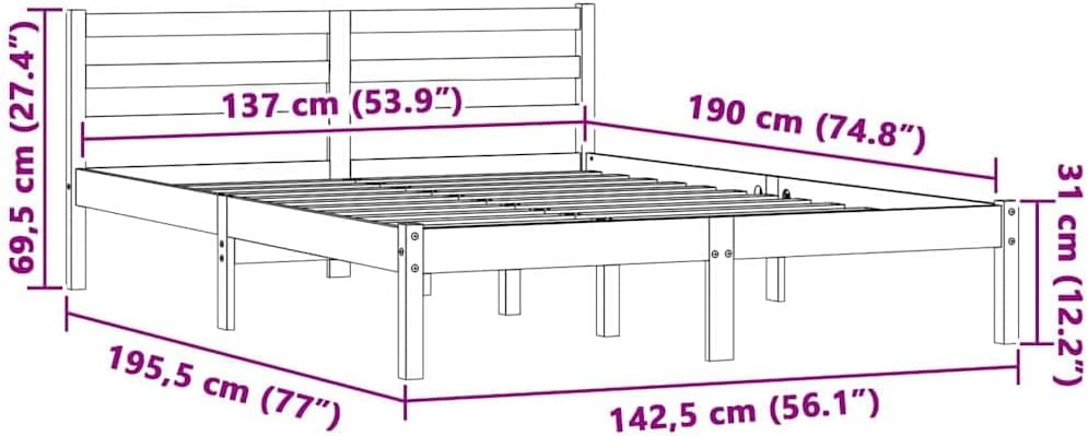 vidaXL Bed Frame Natural 76.97 x 56.10 x 27.36 in Solid Pine Wood, Chic Bedroom Set, Trendy Bed Frame, Sturdy Wood, Sleek Minimalist Style, Tough Furniture for City Life