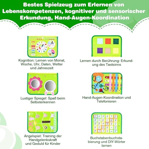 JHkim Montessori Busy Board Deutsch, Kinder Spielzeug ab 1 2 3 4 Jahre, Activity Board Busy Book, Geschenke für Junge Mädchen, Kinder Sensorik Lernspielzeug, Motorikbrett für Reise Auto Flugzeug, Grün