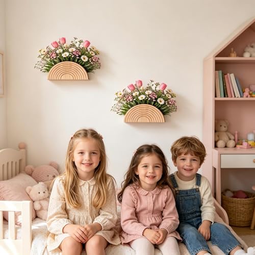 Jarrón de pared de madera semicircular boho chic pack de 2 4