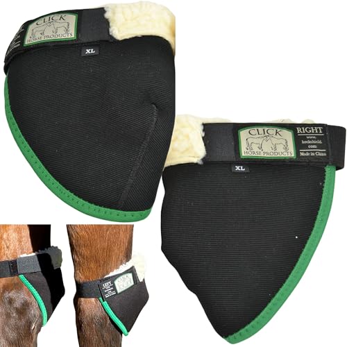 Click Horse Hock Shield, Hock Shield for Horses w/Fleece Lining, Prevents Hock Sores & Bed Sores, Tear Resistant Protectors, Black w/Green Trim Horse Size 13'-15.9'