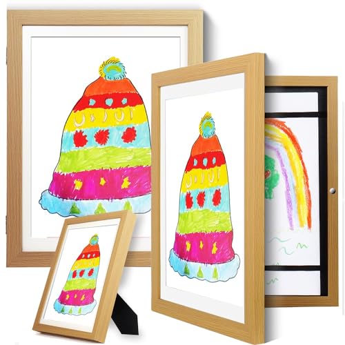 Image of [2-Pack] Front Loading Kids Art Frame in Wooden - 8.5x11 Picture Frame with Mat and 9x12 Without Mat - Changeable Display - Storage Frame for Wall- Holds 100 Pieces,Children Drawing