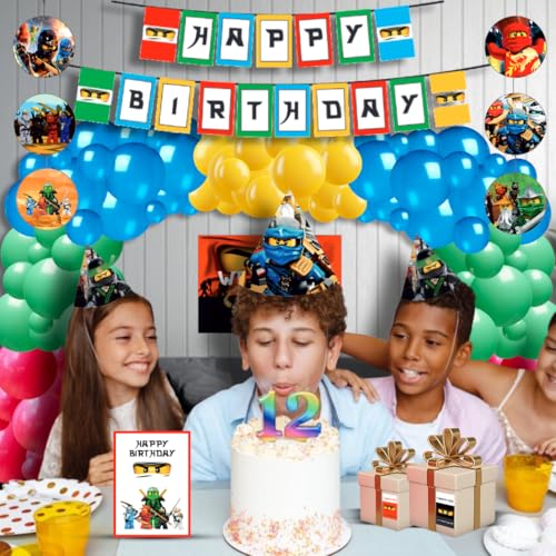 Image of PRETTY UR PARTY Ninjago Party decorations Kit - 80 pcs Includes Banner, Balloons, Thank You, Centerpiece, Danglers, Warrior Ninja Party Supplies, DIY Happy Birthday Decoration Kit for Kids, Gamer