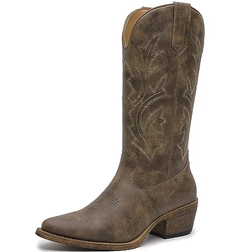 Image of GLOBALWIN Women's Mid Calf Western Cowboy Boots Cowgirl Boots for Women with Floral Embroidery Side Zipper Chunky Heel