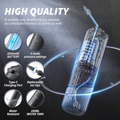 Ear Wax Removal - Electric Ear Irrigation Flushing System - Water Powered Ear Cleaner with 4 Pressure Modes - Safe and Effective Ear Cleaning Tool - Water Resistant USB Rechargeable