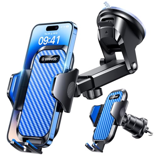 VANMASS 2024 BEST Car Phone Holder [Upgraded Suction & Clip] Rotatable Universal Mobile Phone Mount Dashboard Windscreen Vent Cradle Van Automobile Accessories for iPhone 15 Pro Max 14 13 12 8,Blue