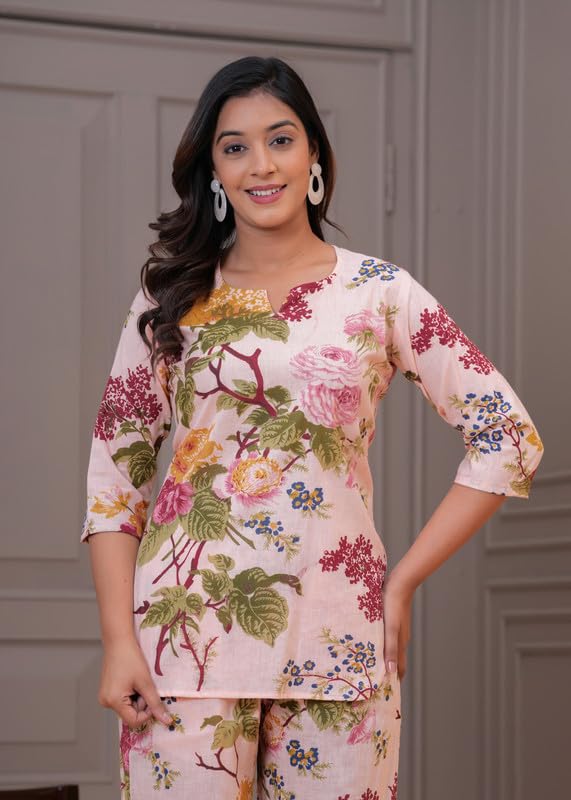 Image of Women Cotton Relaxed Fit Fit and Flare Suit | Printed Night Suit | Half Sleeve Co-Ord Set