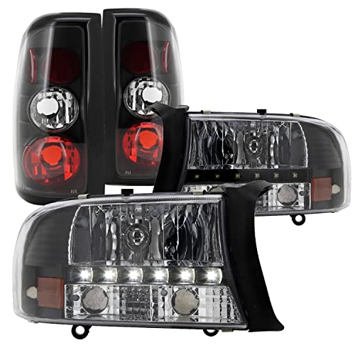 SPEC-D TUNING Led Crystal Headlights & Black Tail Brake Lamps for 1997-2004 Dodge Dakota Left + Right Pair