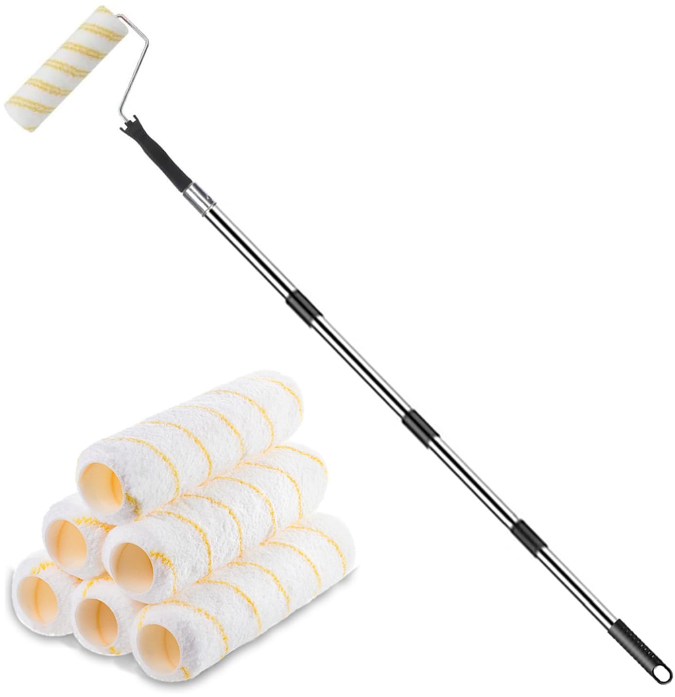 Paint Roller with 6 Replacement Covers, Extendable & Detachable Thickened Pole, Long Reach Wall & Ceiling Painting Roller, Heavy Duty Household Painting Tool for Walls, Ceilings & Murals
