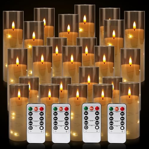 Image of 24-Pack Gray Flameless Candles with Remote, Battery Powered LED Candles with Embedded Star String Lights & Realistic Flickering Flame, Timer for Christmas Home Wedding Fireplace Mantle Decor