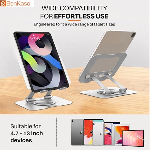 Image of BonKaso 360 Rotating Aluminium Tablet Stand, Multi-Angle Adjustable Holder with Anti-Slip Base, Compatible with iPad Pro /Air /Mini, Samsung Galaxy Tab & All Tablets - Silver