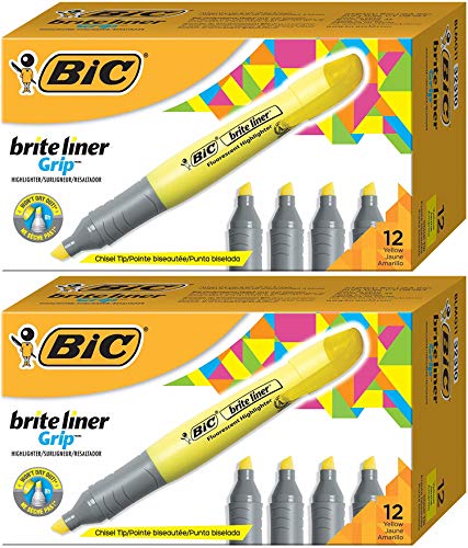 BIC Brite Liner Grip Highlighter, Tank, Chisel Tip, Yellow, 12-Count - 2 Pack
