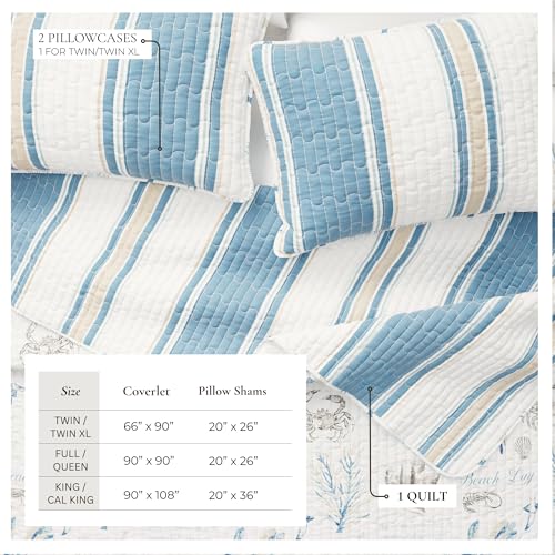 Image of Great Bay Home Coastal Quilt Set - 3-Piece King /California King Size Nautical Bedding Set - Lightweight, All-Season, Reversible Bedspread (Flag Stripe /Ocean Stories)