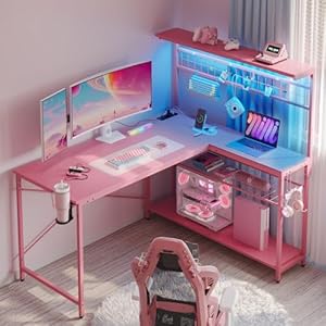 Bestier Gaming Desk 51" L-Shaped, with Power Outlets & LED Lights- 4 Tier Shelves, Reversible Gamer Table with Hooks & Cup Holder for Home Office Carbon Fiber Pink Bestier Gaming Desk 51 L Shaped with Power Outlets LED Lights 4 Tier Shelves Reversible Gamer Table with Hooks Cup Holder for Home Office Carbon Fiber Pink