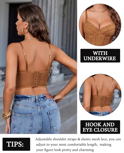 Image of Avidlove Bralettes for Women Lace Spaghetti Strap Bustier Tops with Underwired Slim Basic Camisole Lingerie Khaki