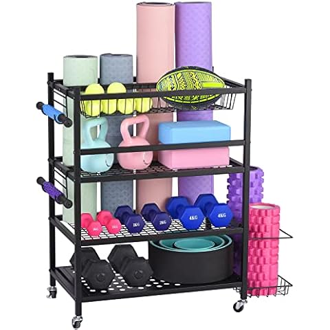 FEWOO Yoga Mat Storage Racks, Home Gym Equipment Organizer for Dumbbells Kettlebells Foam Roller Yoga Strap and Resistance Bands, Sports Equipment Organizer, Workout Storage With Hooks and Wheels Cover